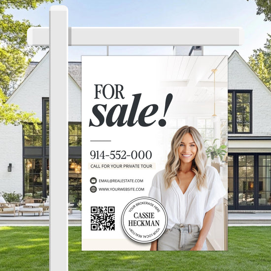 The image is a real estate advertisement featuring a woman posing in front of a large white house. The advertisement includes a call-to-action for a private tour and provides contact information for the real estate agent.