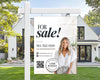 The image is a real estate advertisement featuring a woman posing in front of a large white house. The advertisement includes a call-to-action for a private tour and provides contact information for the real estate agent.