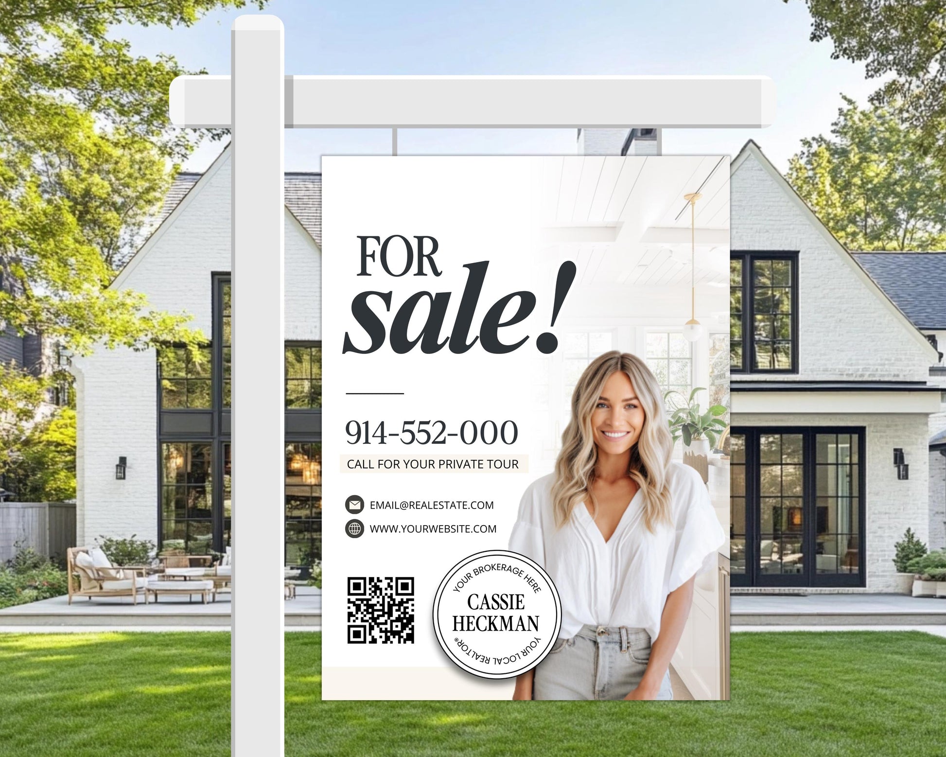The image is a real estate advertisement featuring a woman posing in front of a large white house. The advertisement includes a call-to-action for a private tour and provides contact information for the real estate agent.