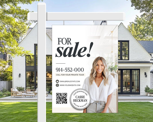 The image is a real estate advertisement featuring a woman posing in front of a large white house. The advertisement includes a call-to-action for a private tour and provides contact information for the real estate agent.