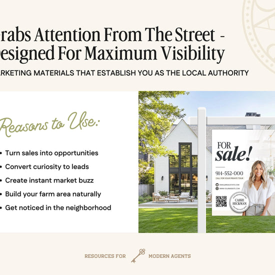 The image is a collage of two images. The first image shows a house with a "FOR SALE!" sign in front of it, and the second image depicts a woman standing in front of the house.