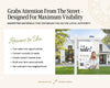 The image is a collage of two images. The first image shows a house with a "FOR SALE!" sign in front of it, and the second image depicts a woman standing in front of the house.