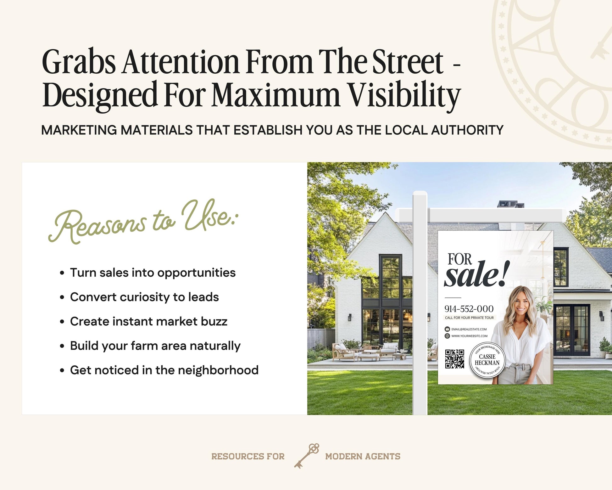 The image is a collage of two images. The first image shows a house with a "FOR SALE!" sign in front of it, and the second image depicts a woman standing in front of the house.