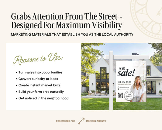 The image is a collage of two images. The first image shows a house with a "FOR SALE!" sign in front of it, and the second image depicts a woman standing in front of the house.