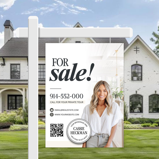 A real estate advertisement featuring a woman posing in front of a large white house.