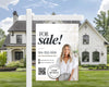 A real estate advertisement featuring a woman posing in front of a large white house.