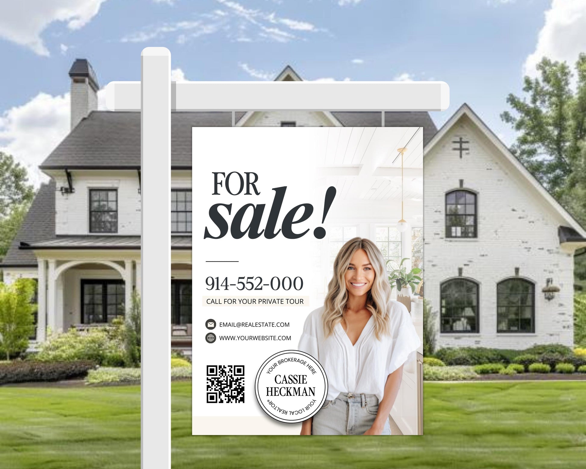 A real estate advertisement featuring a woman posing in front of a large white house.