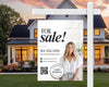 A real estate sign for a house for sale, featuring a smiling woman in a white blouse and a house with a porch and a tree in the background.