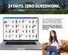 The image is an advertisement for a real estate website called "31 Days. Zero Guesswork". It features a woman sitting on a couch and holding a smartphone, with a laptop displaying a website in the background. The text on the laptop screen reads "31 Days. Zero Guesswork. MAKE MARCH YOUR MOST CONSISTENT MONTH YET!" and "We've planned every single day for you - 31 easy-to-use options, graphics, and Reel ideas crafted specifically for real estate agents."
