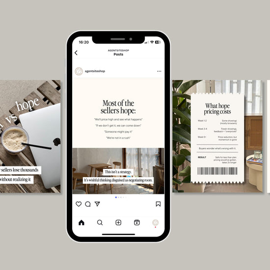 a smartphone displaying a social media post from an interior design blog, with various images of interior design elements such as furniture, plants, and text.