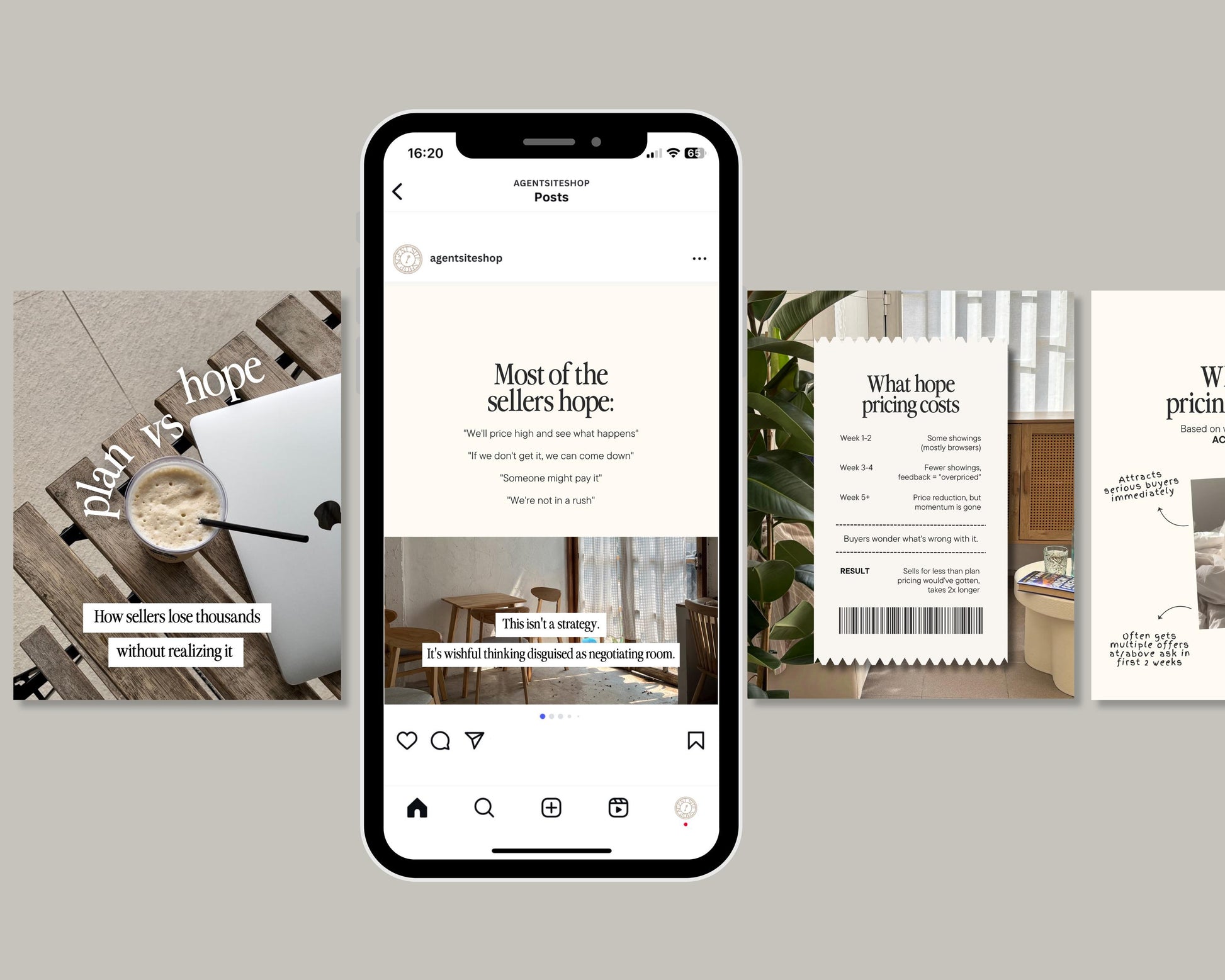 a smartphone displaying a social media post from an interior design blog, with various images of interior design elements such as furniture, plants, and text.