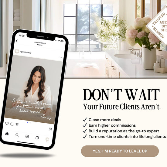 The image is an advertisement for a real estate agent's services, featuring a smartphone displaying a photo of a smiling woman and text promoting the agent's services.