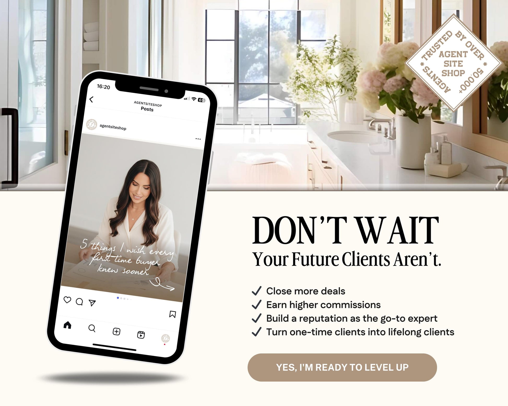 The image is an advertisement for a real estate agent's services, featuring a smartphone displaying a photo of a smiling woman and text promoting the agent's services.