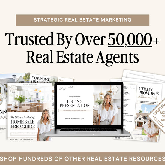 The image is an advertisement for a real estate marketing service, featuring a laptop displaying a presentation slide, brochures, and other real estate-related materials.
