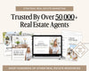 The image is an advertisement for a real estate marketing service, featuring a laptop displaying a presentation slide, brochures, and other real estate-related materials.
