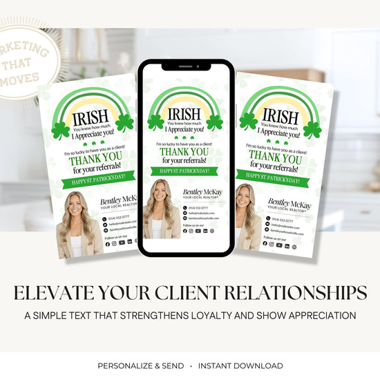 St. Patrick's Day Textable Card | Client Referral Textable Card | Client Appreciation | Past Client Touch Point |Canva Real Estate Marketing