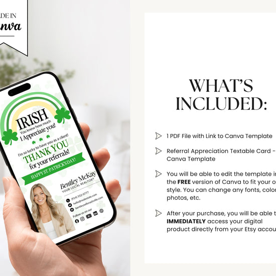 St. Patrick's Day Textable Card | Client Referral Textable Card | Client Appreciation | Past Client Touch Point |Canva Real Estate Marketing