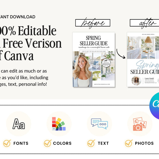 The image is a promotional graphic for a "100% Editable In Free Version Of Canva" software that allows users to edit and customize their own content, including images, text, and personal information.