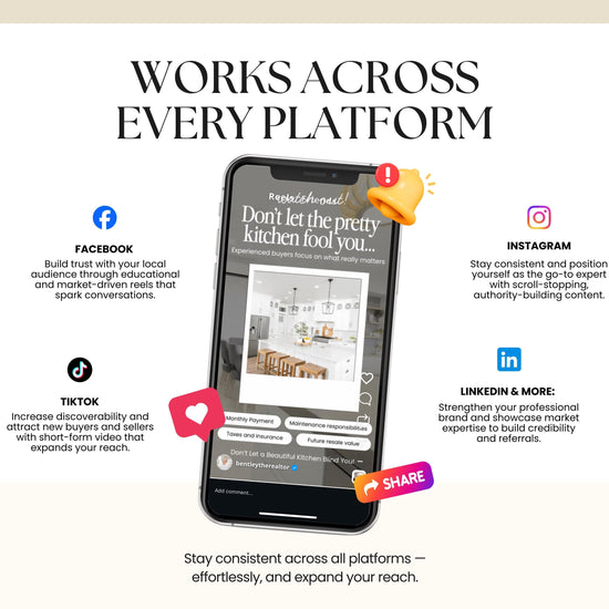 The image is a promotional graphic for a real estate platform that encourages users to engage with the platform across various social media and online platforms. It features a smartphone displaying a real estate listing, along with icons for Facebook, Instagram, and LinkedIn. The text on the image highlights the benefits of using the platform, such as building trust with local buyers, increasing discoverability, and connecting with industry experts.