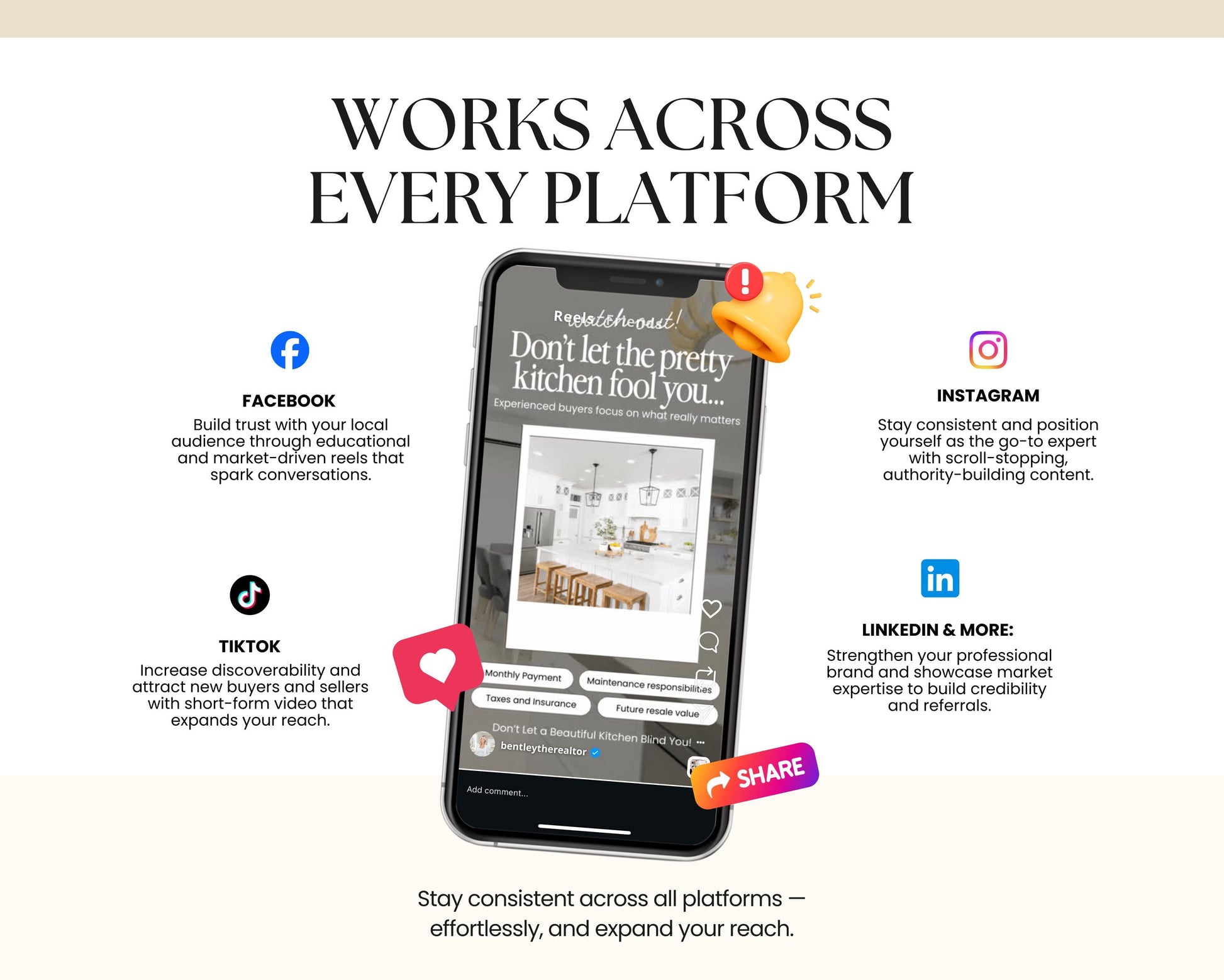 The image is a promotional graphic for a real estate platform that encourages users to engage with the platform across various social media and online platforms. It features a smartphone displaying a real estate listing, along with icons for Facebook, Instagram, and LinkedIn. The text on the image highlights the benefits of using the platform, such as building trust with local buyers, increasing discoverability, and connecting with industry experts.