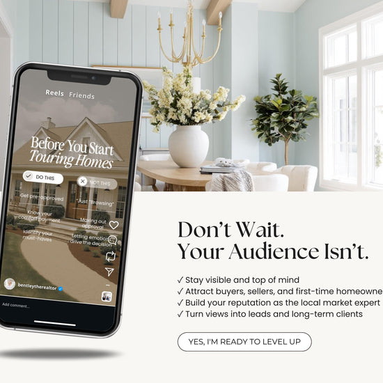 The image is an advertisement for a real estate app called "Beats Friends". It features a smartphone displaying the app's interface, with a background of a dining room and a vase of flowers. The app's message encourages users to stay visible and top of mind, attract potential buyers, sellers, and first-time homeowners, and build their reputation as the local market expert. The app also suggests turning views into leads and long-term clients.