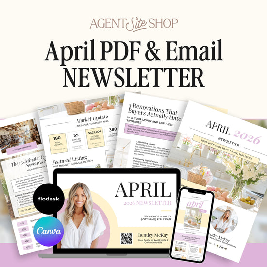 The image is an advertisement for a "April PDF and Email Newsletter" from the "Agent's Size Shop". It features various elements related to real estate, including a laptop, a smartphone, and printed materials.