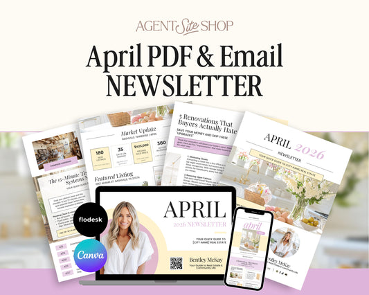 The image is an advertisement for a "April PDF and Email Newsletter" from the "Agent's Size Shop". It features various elements related to real estate, including a laptop, a smartphone, and printed materials.