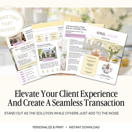 The image is an advertisement for a real estate marketing service that emphasizes the importance of creating a seamless transaction for clients. It features a collage of real estate listings and a magazine with a focus on renovations and home staging. The text encourages the viewer to "Stand out as the solution while others just add to the noise" and highlights the service's ability to help clients find their dream home.