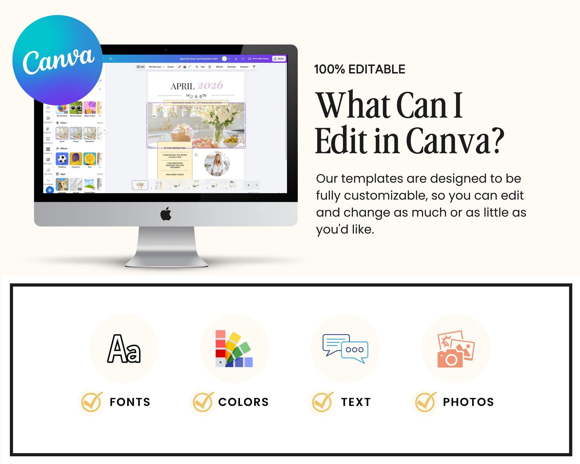 The image is a promotional graphic for a software called Canva, which allows users to create and edit various types of digital content, such as images, graphics, and text.