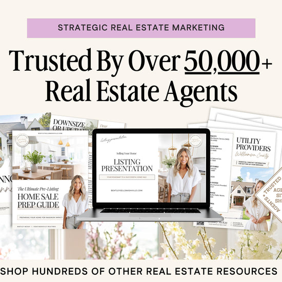 The image is an advertisement for a real estate marketing service, featuring a laptop displaying a presentation slide, brochures, and other real estate-related materials.