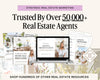 The image is an advertisement for a real estate marketing service, featuring a laptop displaying a presentation slide, brochures, and other real estate-related materials.