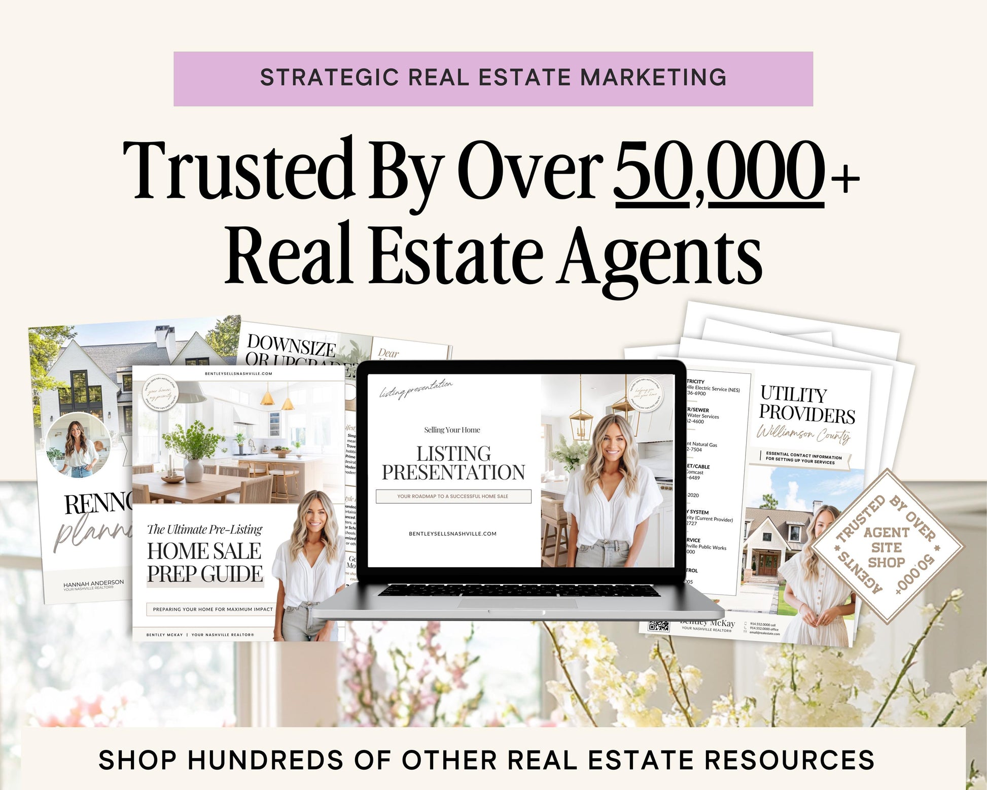 The image is an advertisement for a real estate marketing service, featuring a laptop displaying a presentation slide, brochures, and other real estate-related materials.
