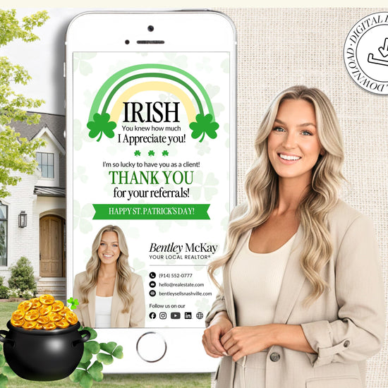 St. Patrick's Day Textable Card | Client Referral Textable Card | Client Appreciation | Past Client Touch Point |Canva Real Estate Marketing