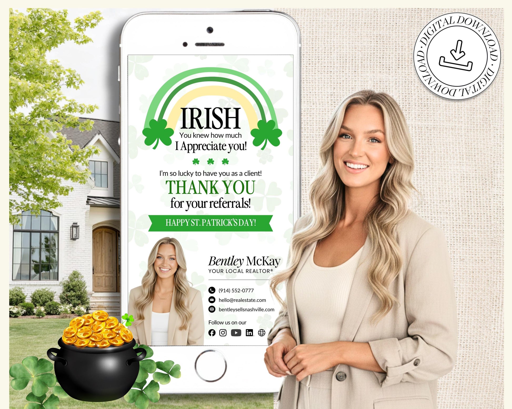 St. Patrick's Day Textable Card | Client Referral Textable Card | Client Appreciation | Past Client Touch Point |Canva Real Estate Marketing