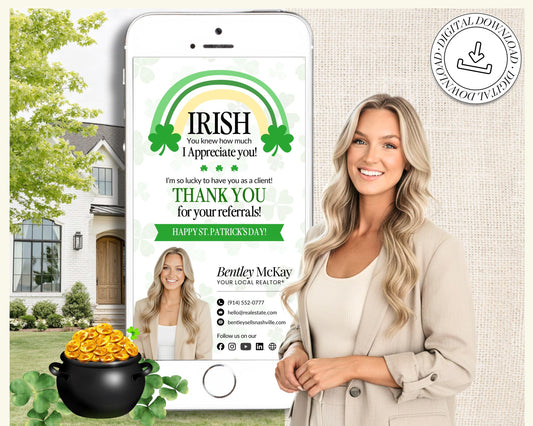 St. Patrick's Day Textable Card | Client Referral Textable Card | Client Appreciation | Past Client Touch Point |Canva Real Estate Marketing