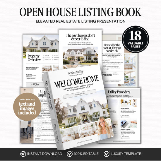 The image is an advertisement for a real estate listing book called "Welcome Home" by Bentley McInnes. It features a collage of images showcasing the book's content, including property overviews, a welcome home presentation, and a list of luxury providers. The book is presented as a valuable resource for real estate professionals, offering a comprehensive guide to luxury real estate listings.
