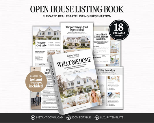 The image is an advertisement for a real estate listing book called "Welcome Home" by Bentley McInnes. It features a collage of images showcasing the book's content, including property overviews, a welcome home presentation, and a list of luxury providers. The book is presented as a valuable resource for real estate professionals, offering a comprehensive guide to luxury real estate listings.
