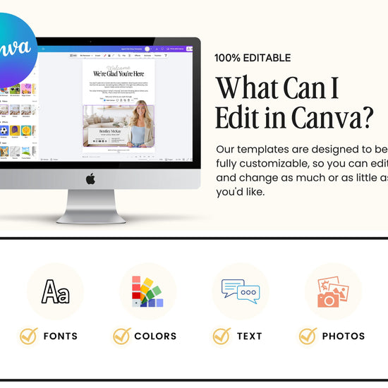 The image is a promotional graphic for a software called Canva, which allows users to create and edit various types of digital content, such as emails, presentations, and other documents.