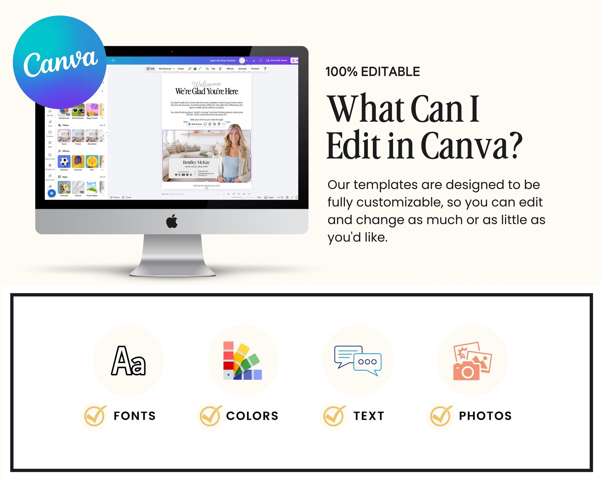 The image is a promotional graphic for a software called Canva, which allows users to create and edit various types of digital content, such as emails, presentations, and other documents.