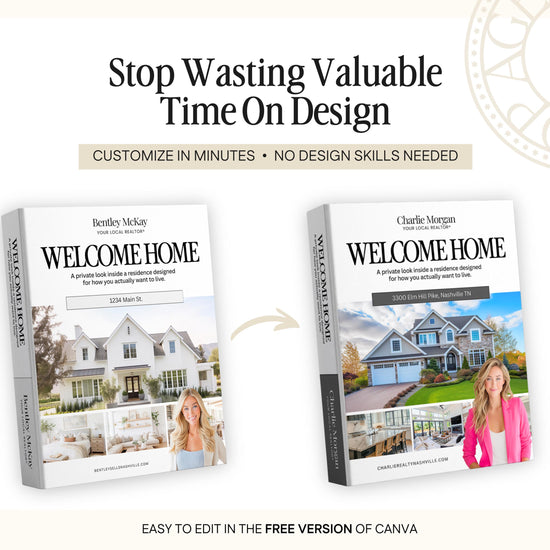 The image is an advertisement for a real estate book called "Welcome Home" by Bentley McKay. It features two different versions of the book, one with a cover image of a house and the other with a cover image of a woman. The text on the image highlights the book's focus on customizing the design process and the book's free version, which allows for easy editing.