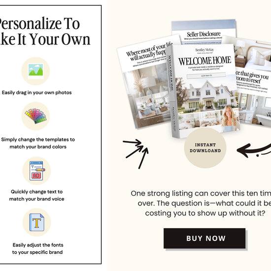The image is a promotional advertisement for a real estate agent named Bentley MacMillan, featuring a book titled "Welcome Home" and a website called Instant Download. The advertisement highlights the agent's ability to personalize listings and offers a free download of the agent's website.