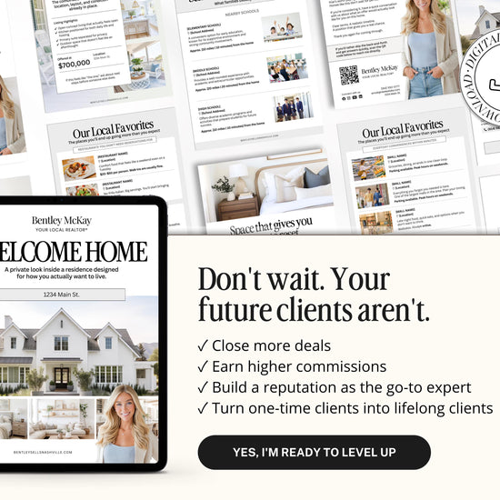 The image is a collage of real estate listings and advertisements, including a tablet displaying the "Welcome Home" real estate app and a woman posing in front of a house.