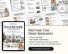 The image is a collage of real estate listings and advertisements, including a tablet displaying the "Welcome Home" real estate app and a woman posing in front of a house.