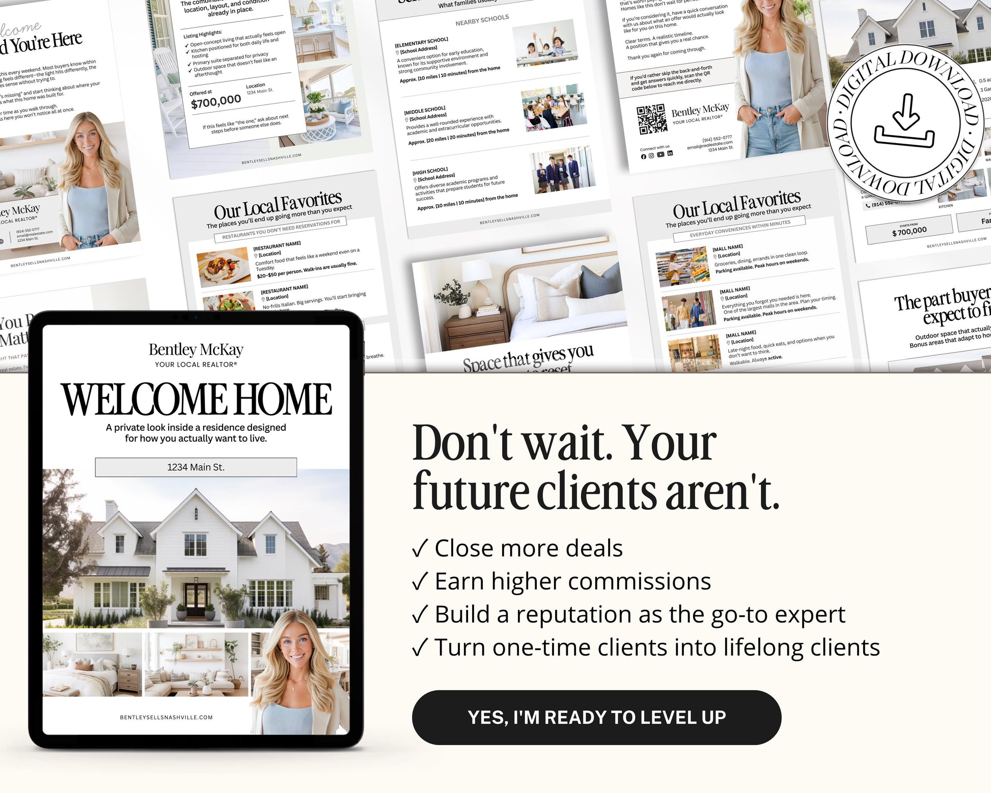 The image is a collage of real estate listings and advertisements, including a tablet displaying the "Welcome Home" real estate app and a woman posing in front of a house.