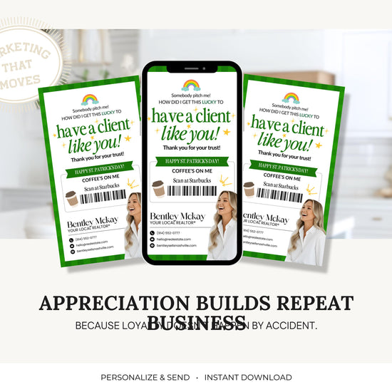 St. Patrick's Day Textable Card | Client Referral Textable Card | Client Appreciation | Past Client Touch Point |Canva Real Estate Marketing
