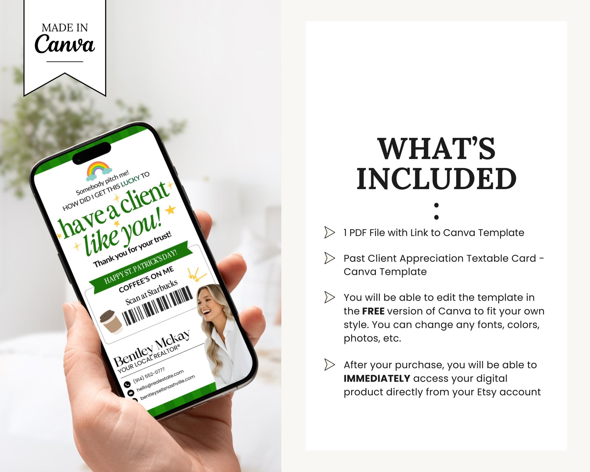 St. Patrick's Day Textable Card | Client Referral Textable Card | Client Appreciation | Past Client Touch Point |Canva Real Estate Marketing