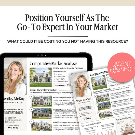 The image is a collage of various images related to real estate, including a photo of a smiling woman, a photo of a house, and a list of property features and prices.