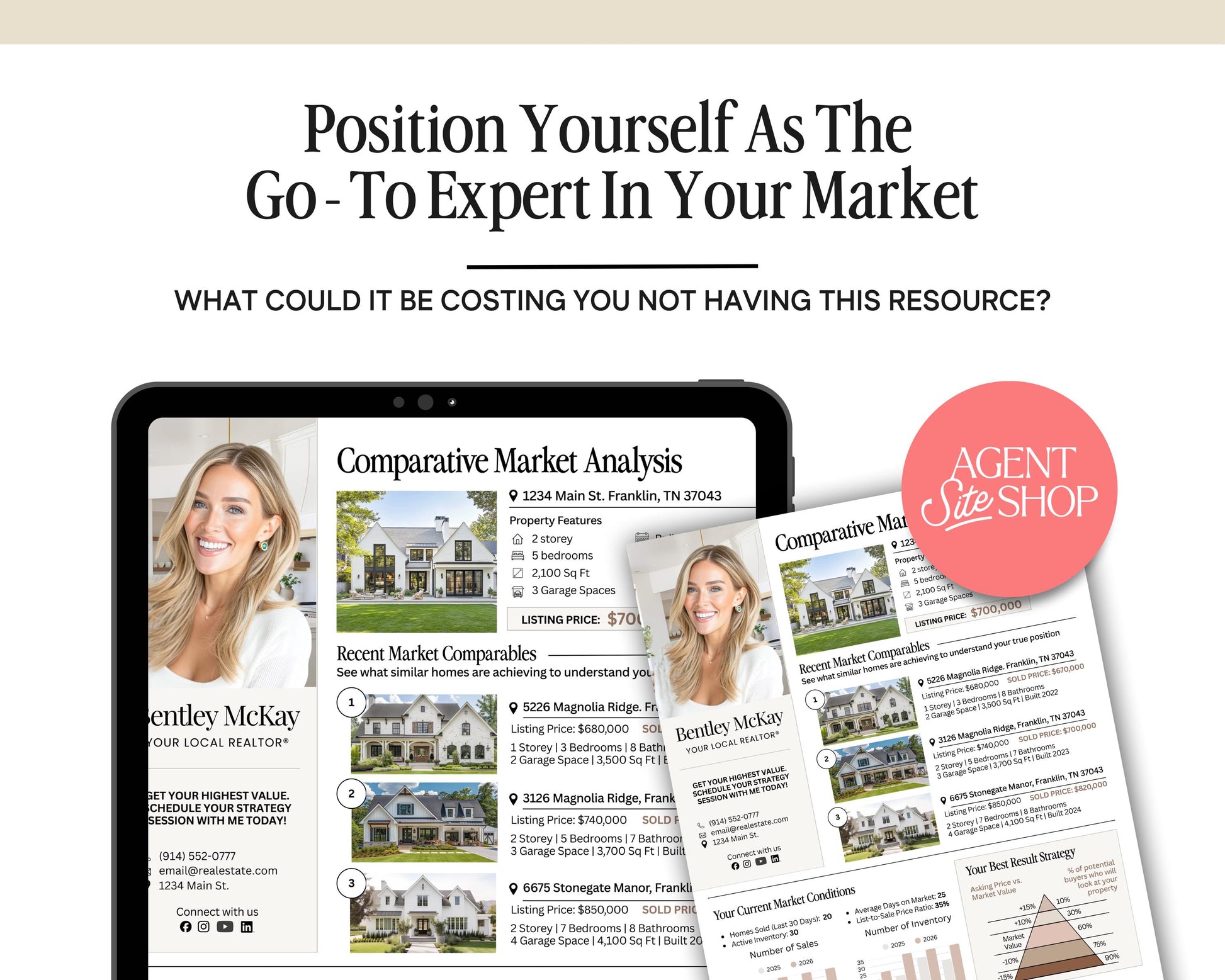The image is a collage of various images related to real estate, including a photo of a smiling woman, a photo of a house, and a list of property features and prices.