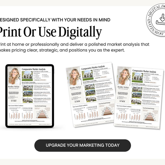 The image is an advertisement for a service that provides a digital market analysis for real estate properties. It features a tablet displaying a detailed market analysis, as well as printed materials that include a comparison of two different market analysis reports. The advertisement encourages users to upgrade their marketing by utilizing the service, which is designed specifically with their needs in mind.