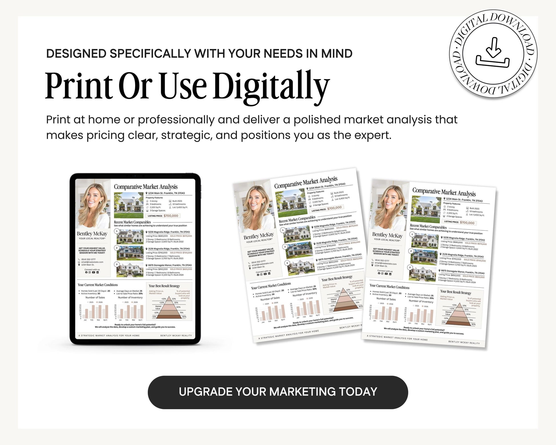 The image is an advertisement for a service that provides a digital market analysis for real estate properties. It features a tablet displaying a detailed market analysis, as well as printed materials that include a comparison of two different market analysis reports. The advertisement encourages users to upgrade their marketing by utilizing the service, which is designed specifically with their needs in mind.